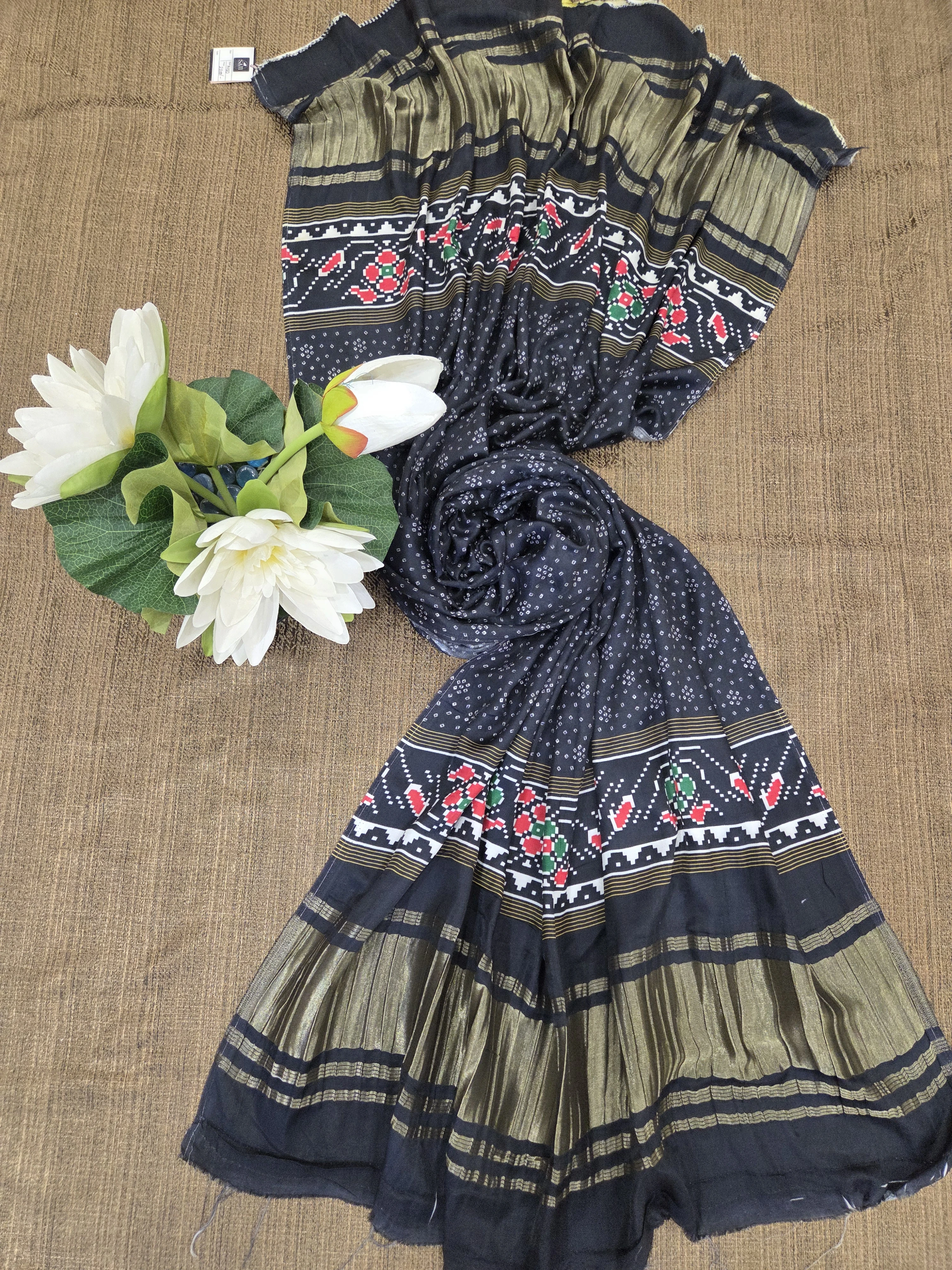 Midnight Black Bandhani & Patola Print Crushed Dupatta