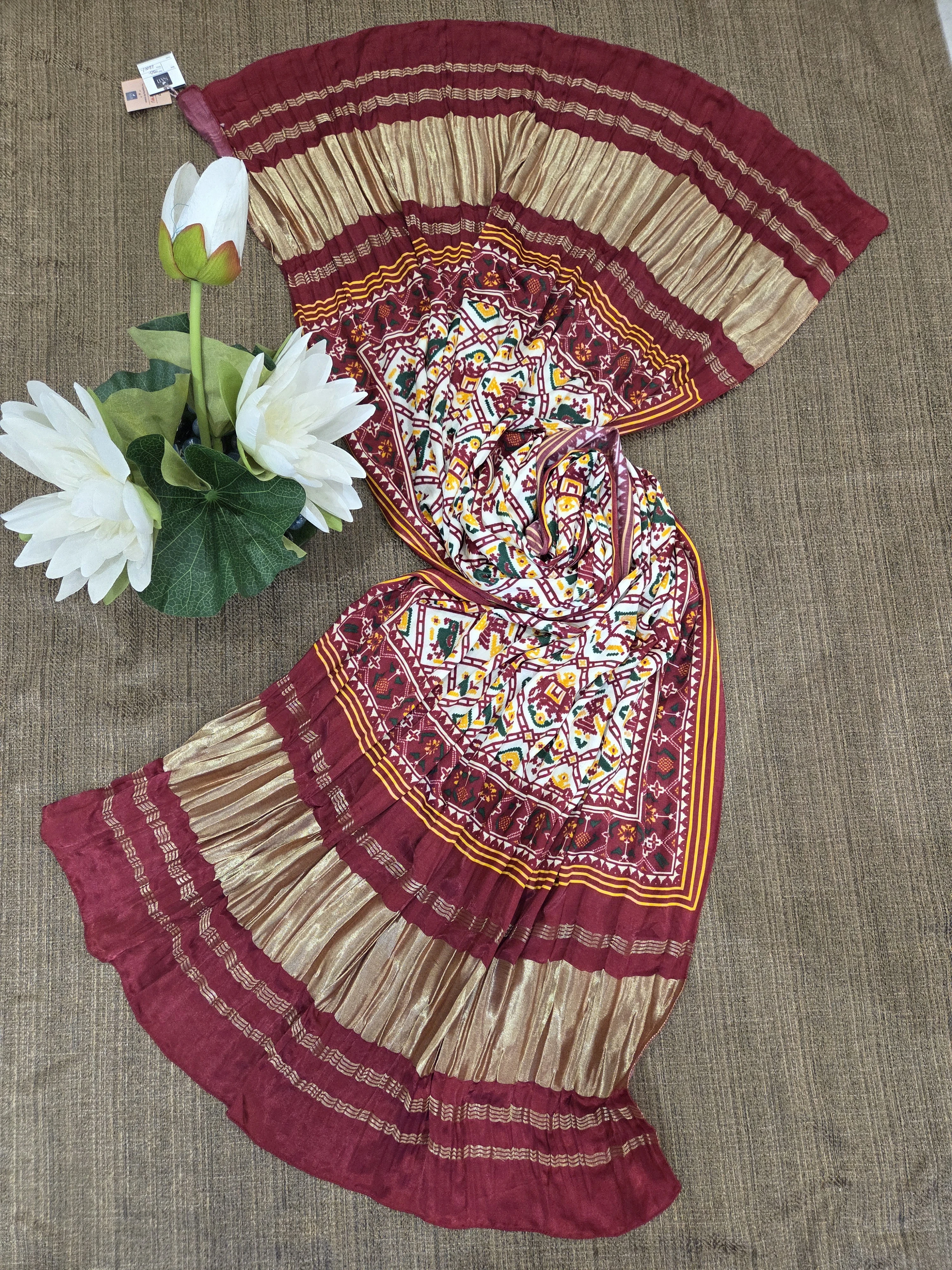 Crimson & Gold Patola Print Crushed Dupatta