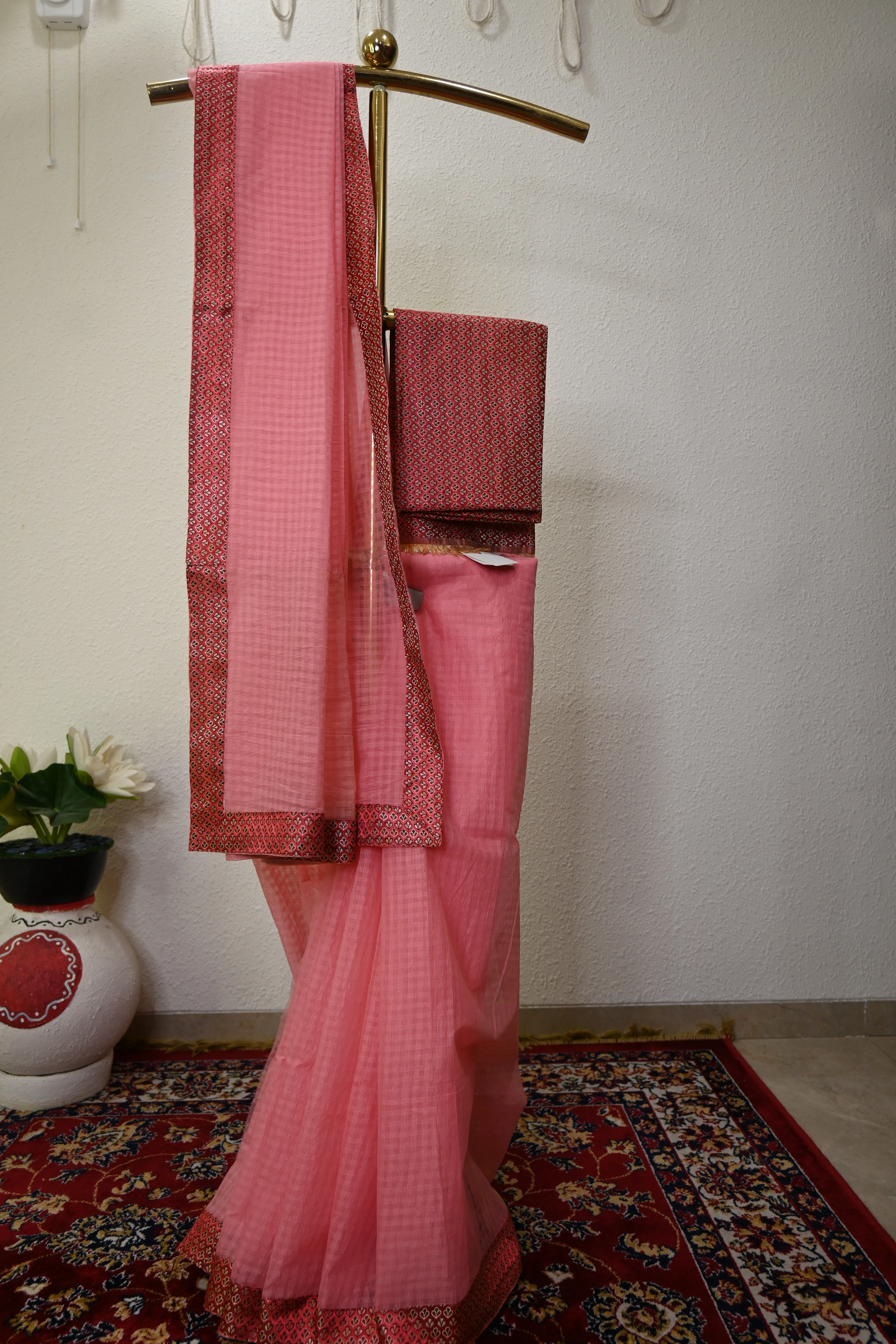 Powder Pink Checked Cottan Saree