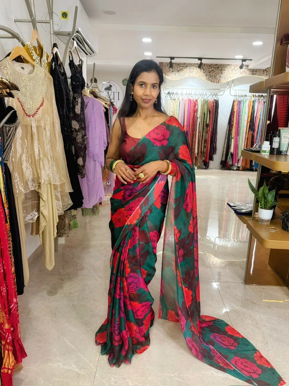 Peacock Teal Blossom Organza Saree