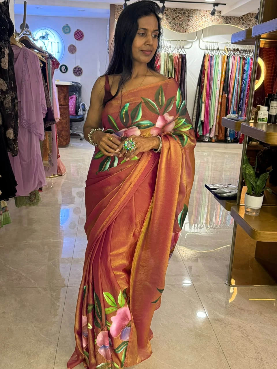 Sunset Coral Hand-Painted Silk Saree