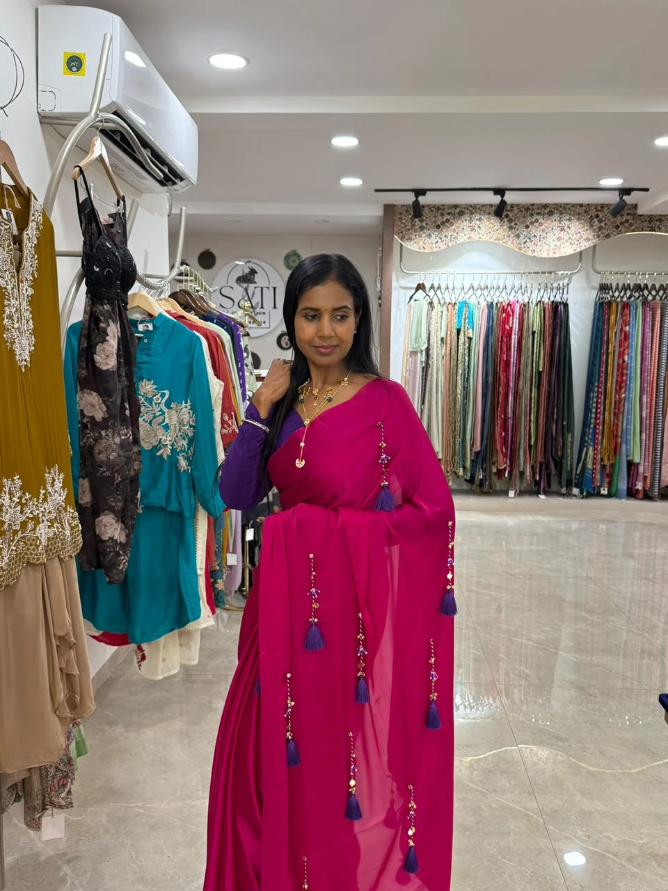 Tyrian Magenta Tassel-Accent Cocktail Saree