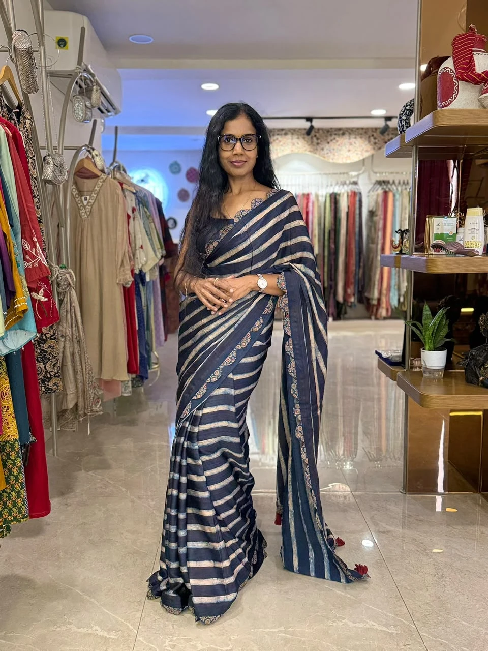 Navy Indigo Striped Modal Silk Saree
