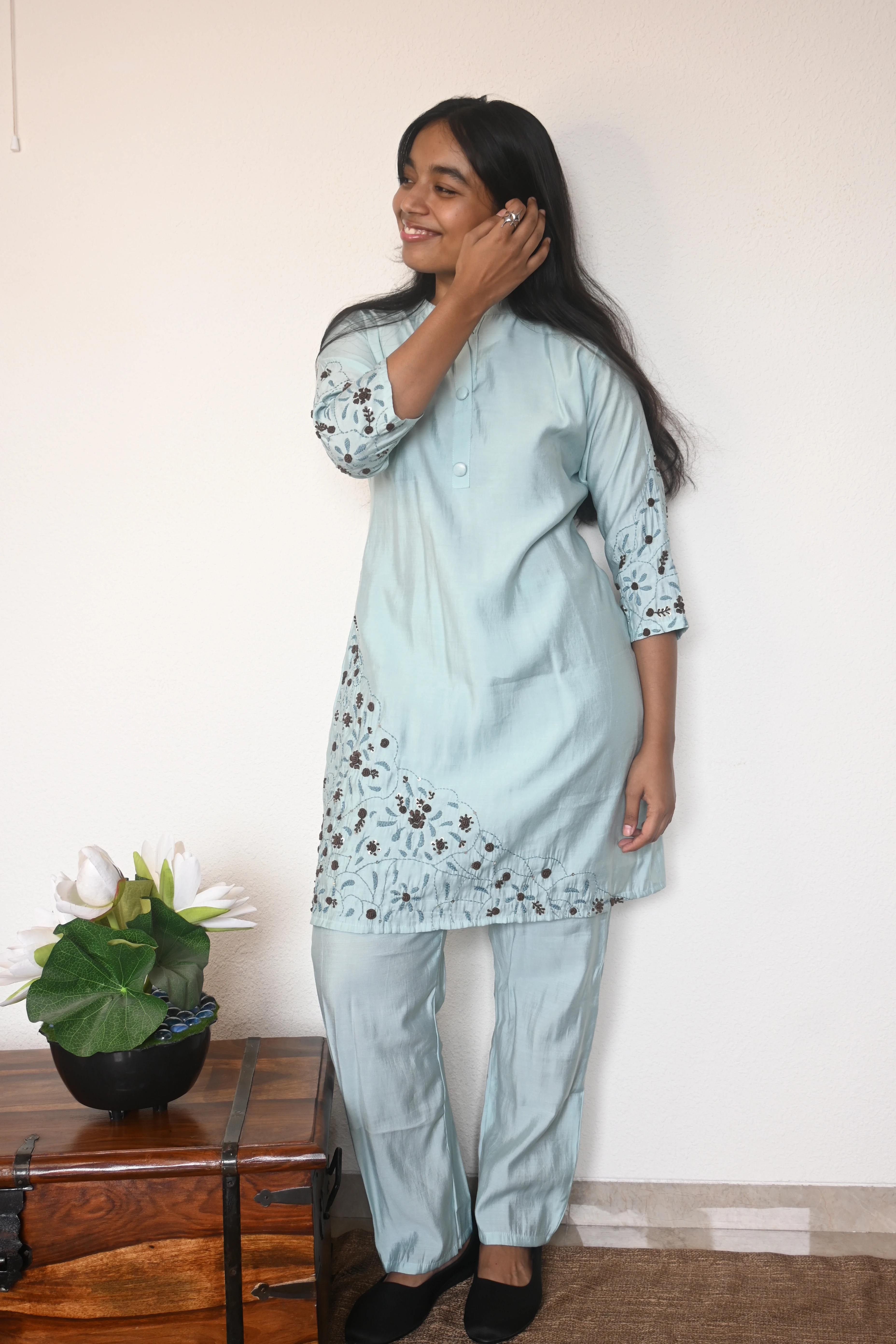 Powder Ice Blue Floral Co-Ord Set