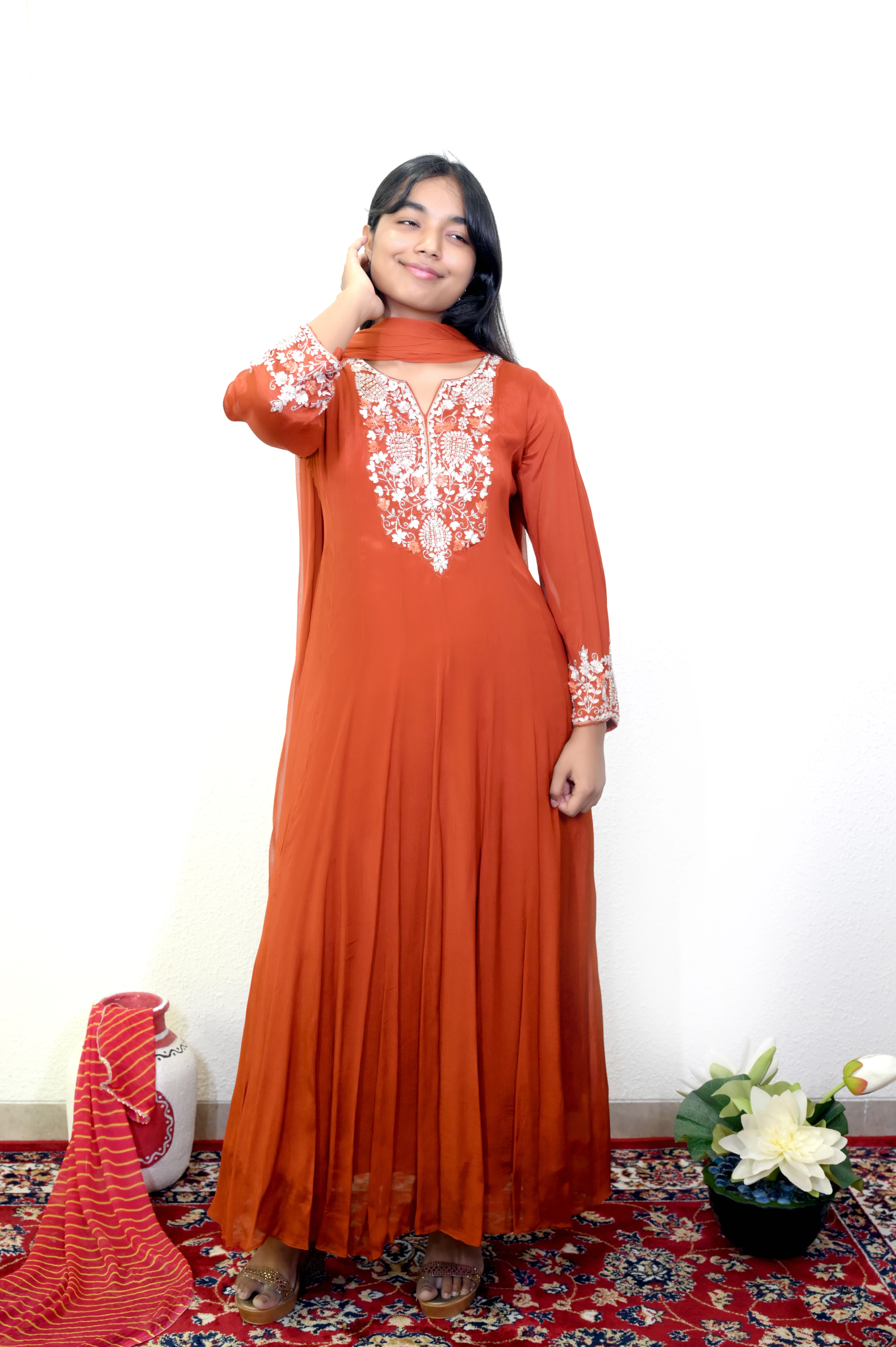 Rust Ember Hand-Embroidered Anarkali