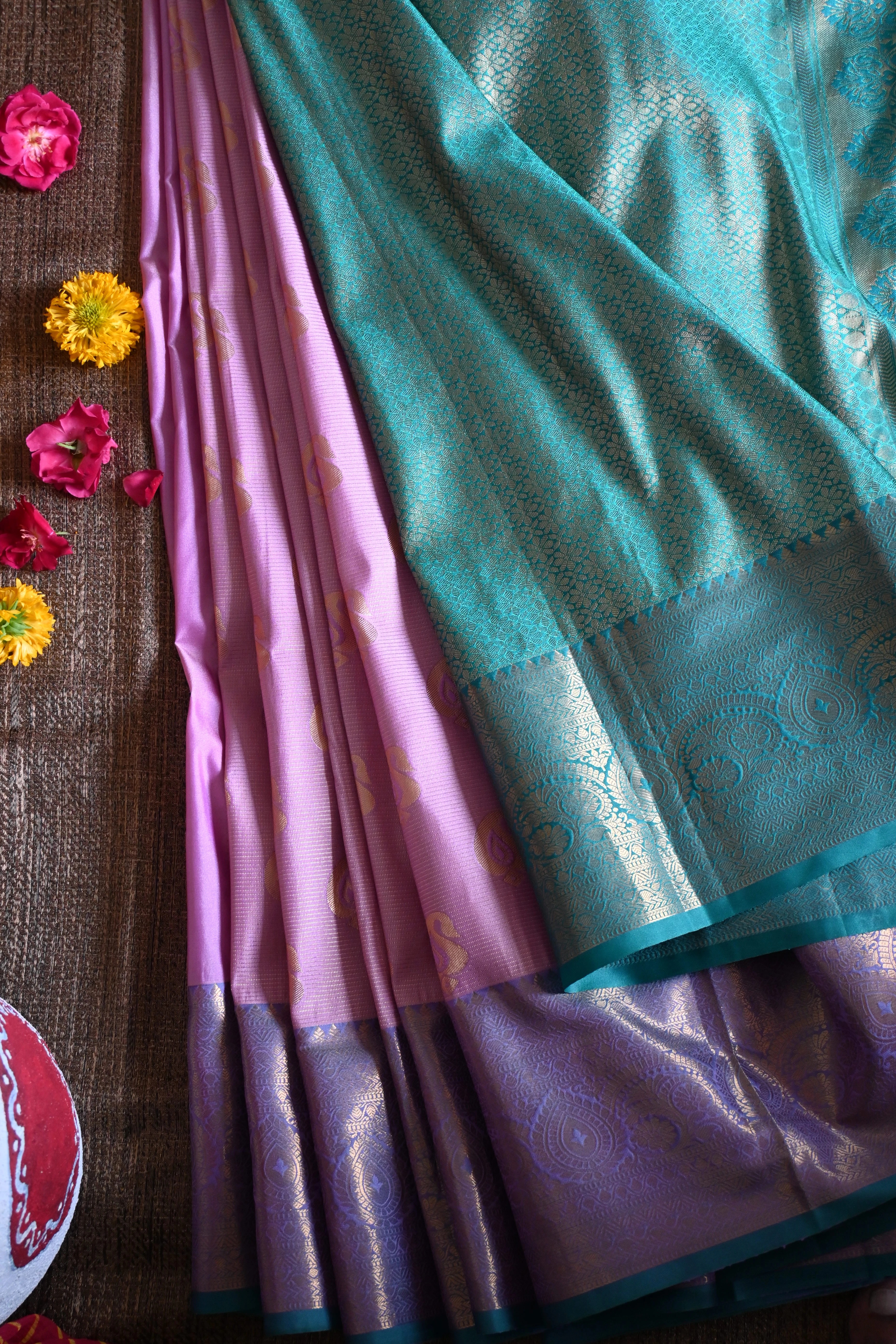 Lilac & Sea Green Kanjivaram Silk Saree
