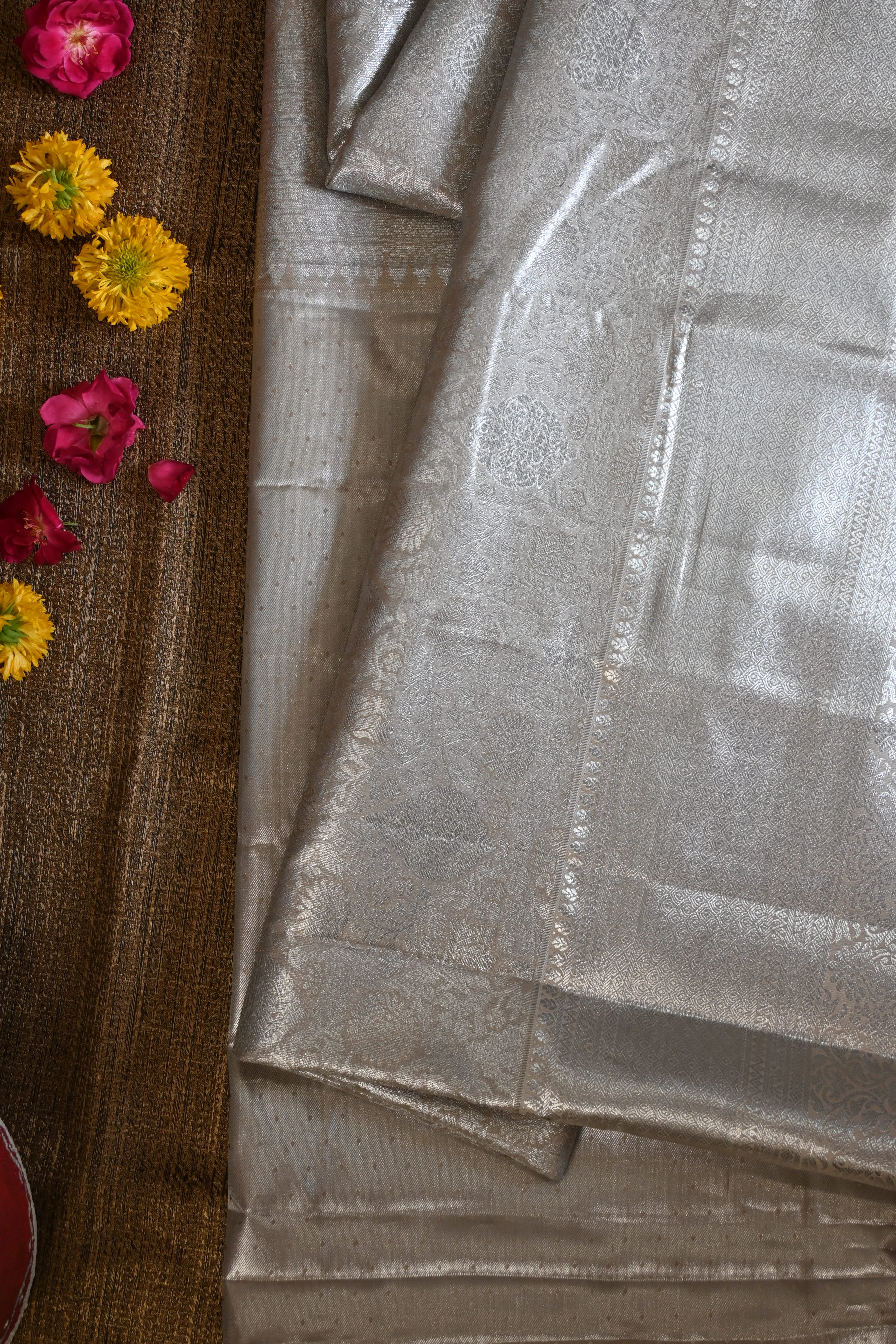 All-Silver Silk Brocade Saree