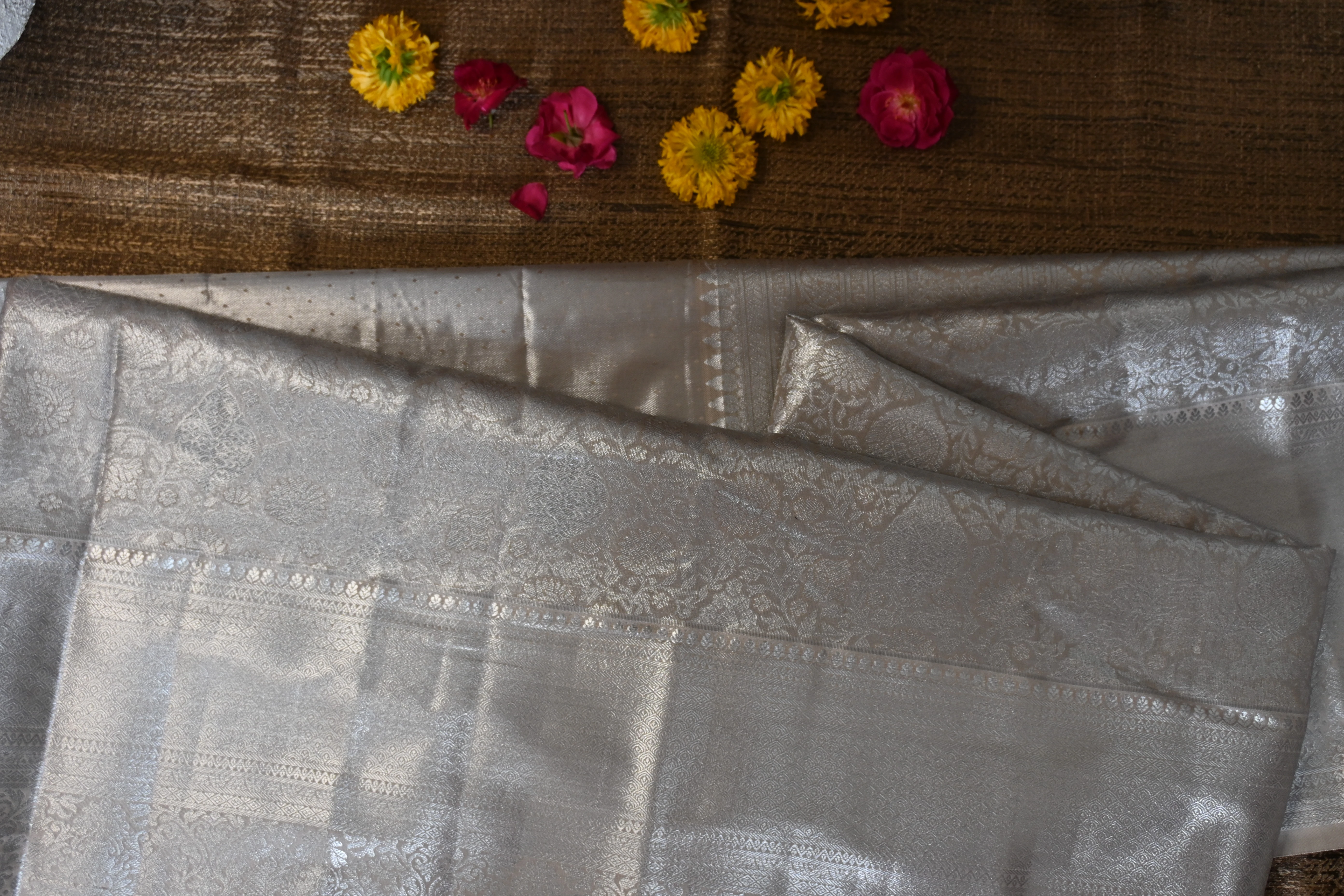All-Silver Silk Brocade Saree