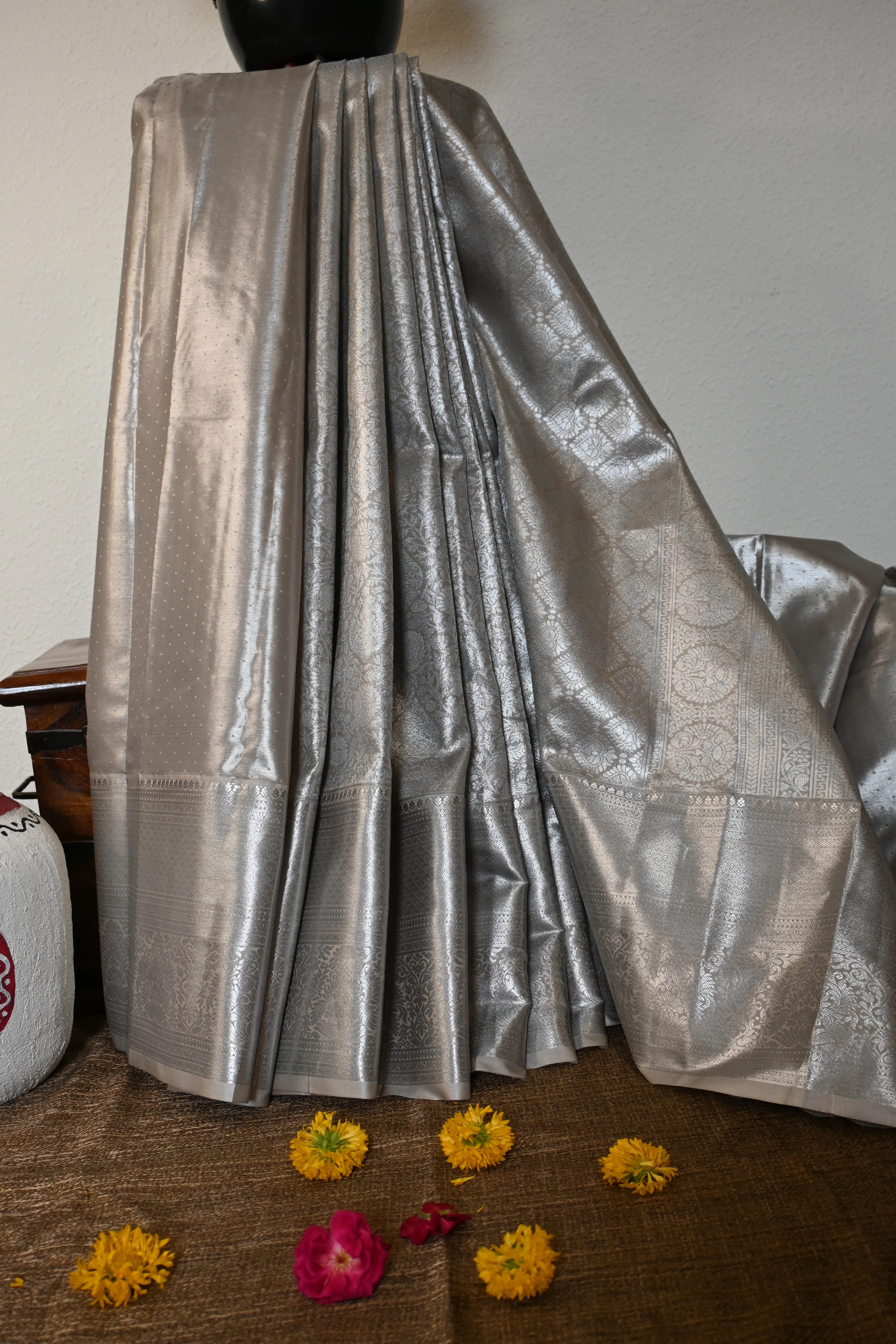 All-Silver Silk Brocade Saree