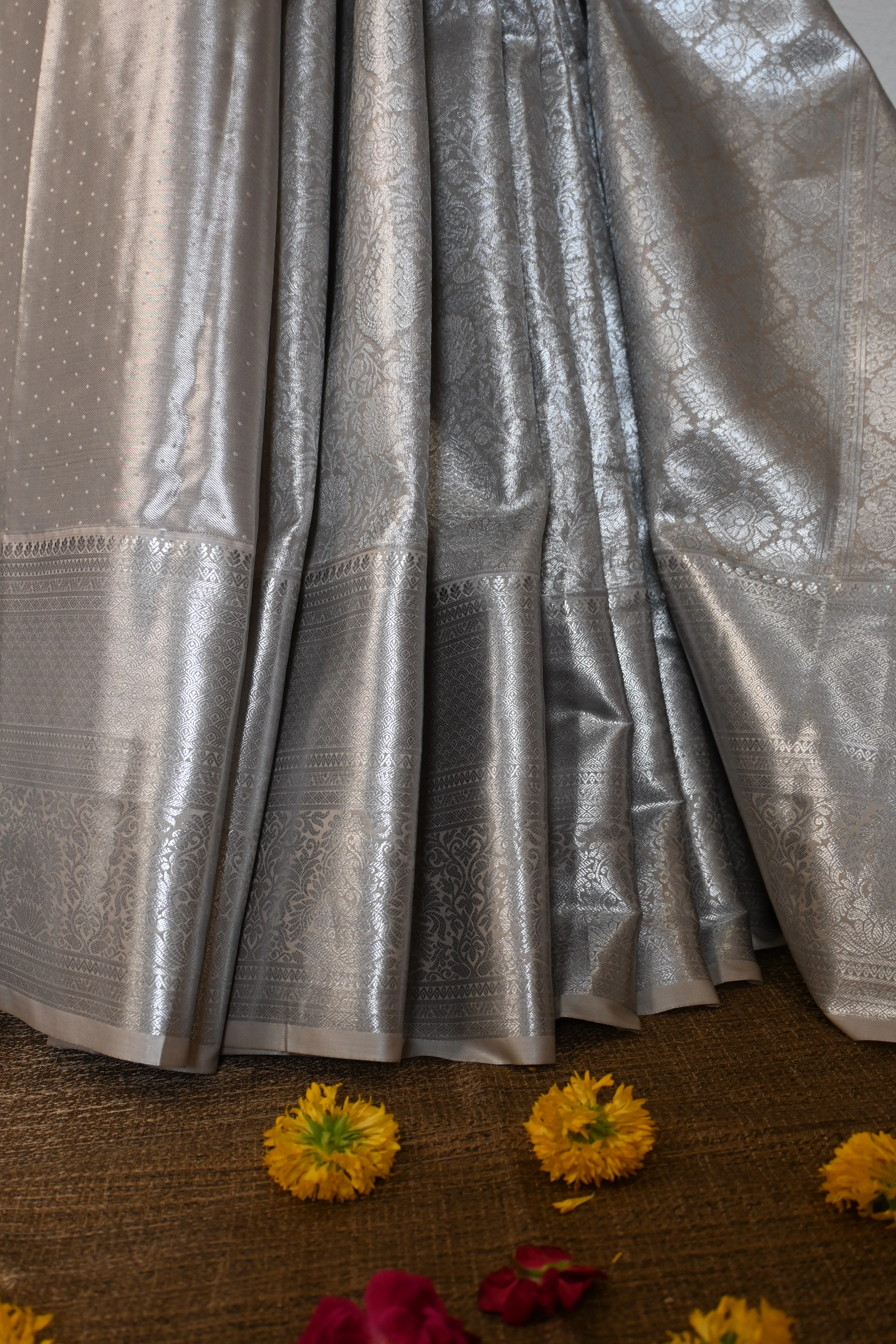 All-Silver Silk Brocade Saree