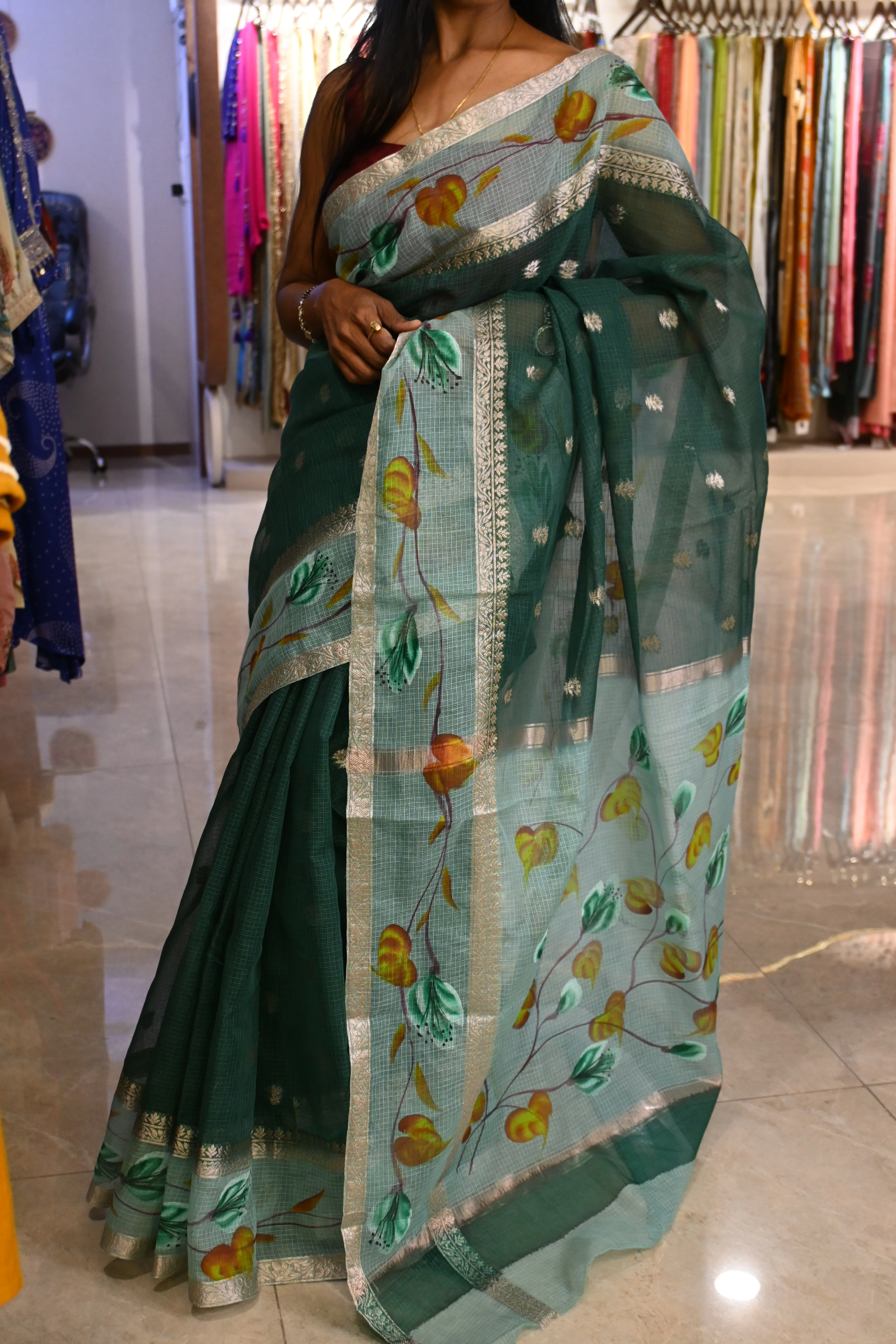Emerald Green Floral Kota Doria Saree