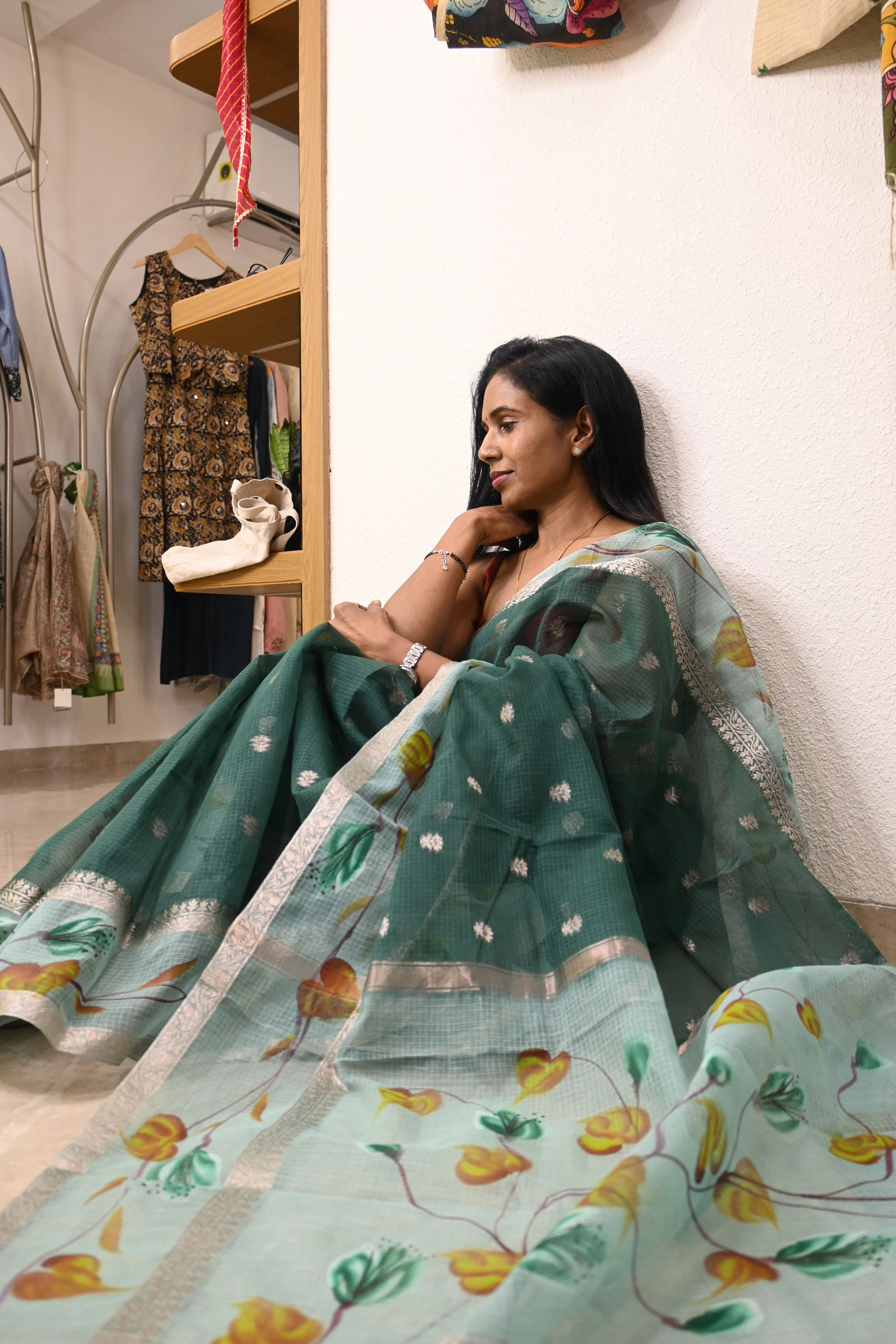 Emerald Green Floral Kota Doria Saree