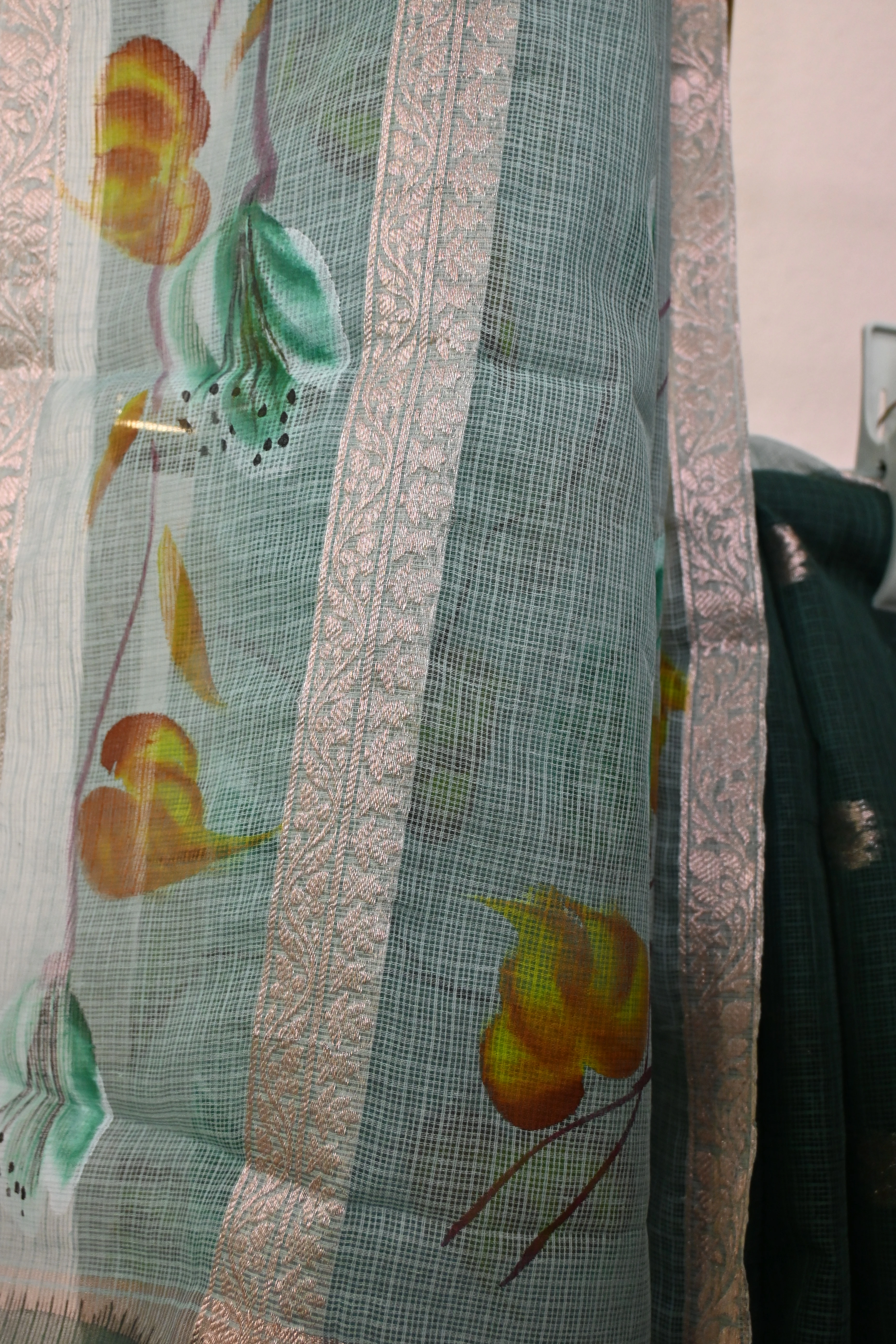 Emerald Green Floral Kota Doria Saree