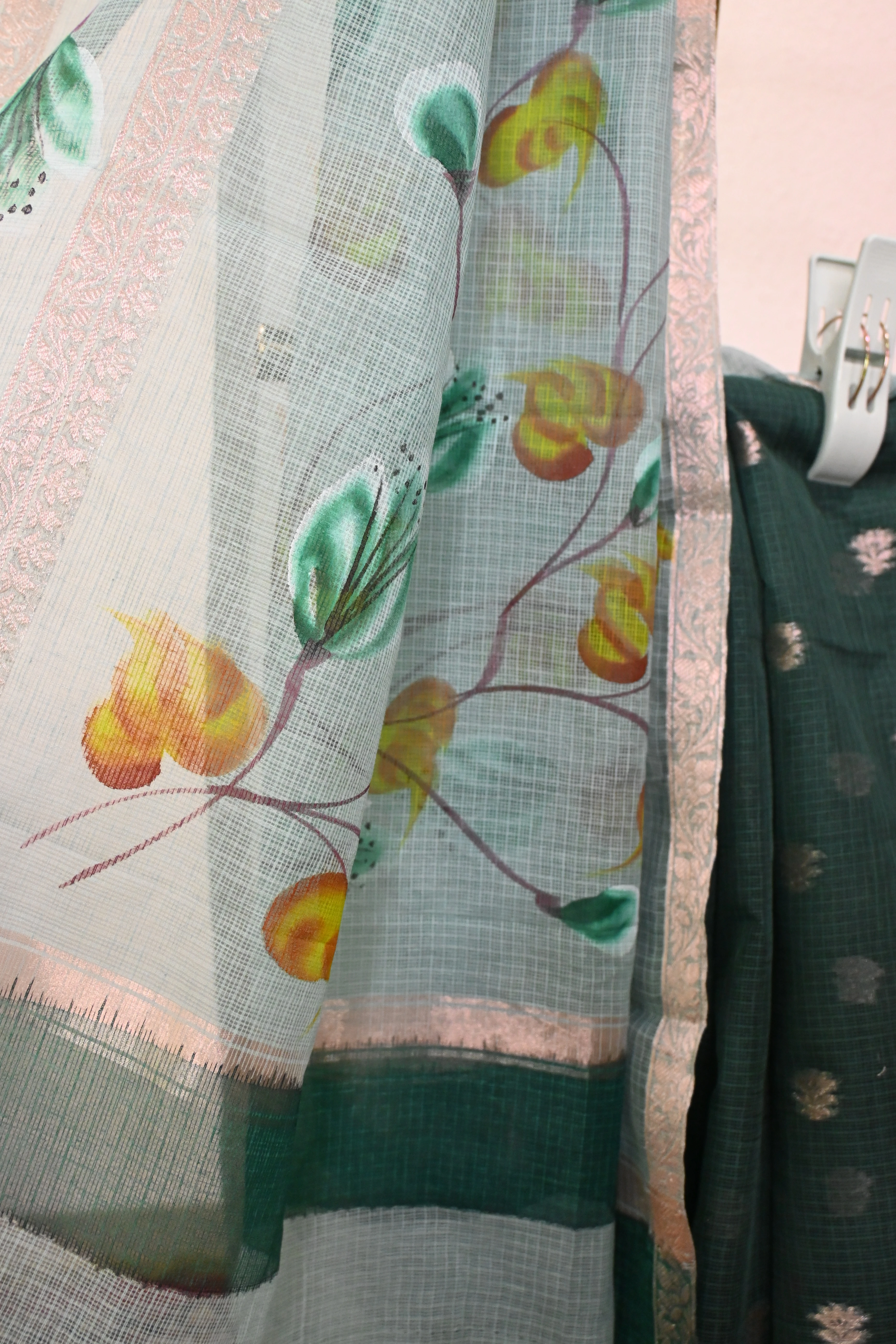 Emerald Green Floral Kota Doria Saree