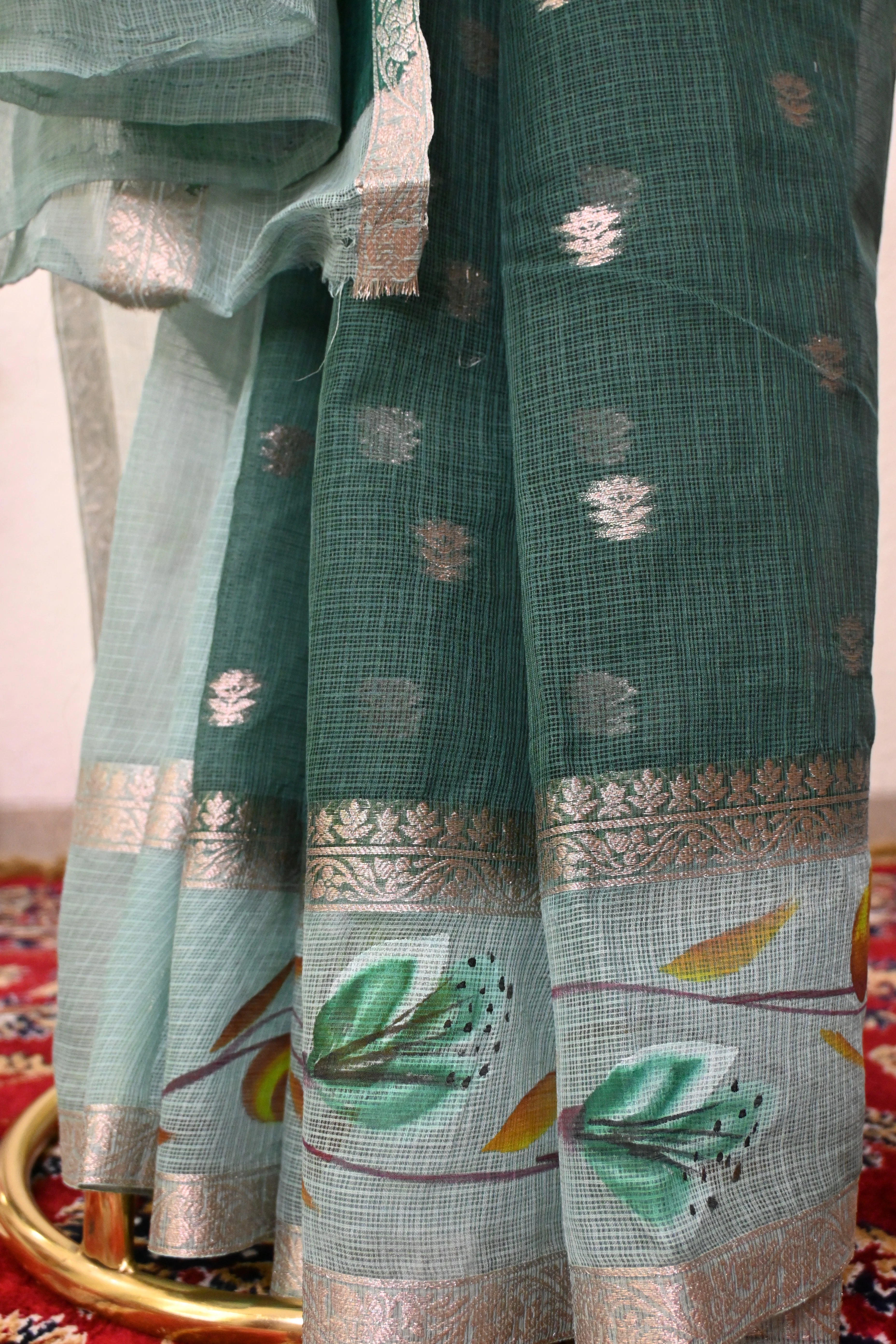Emerald Green Floral Kota Doria Saree
