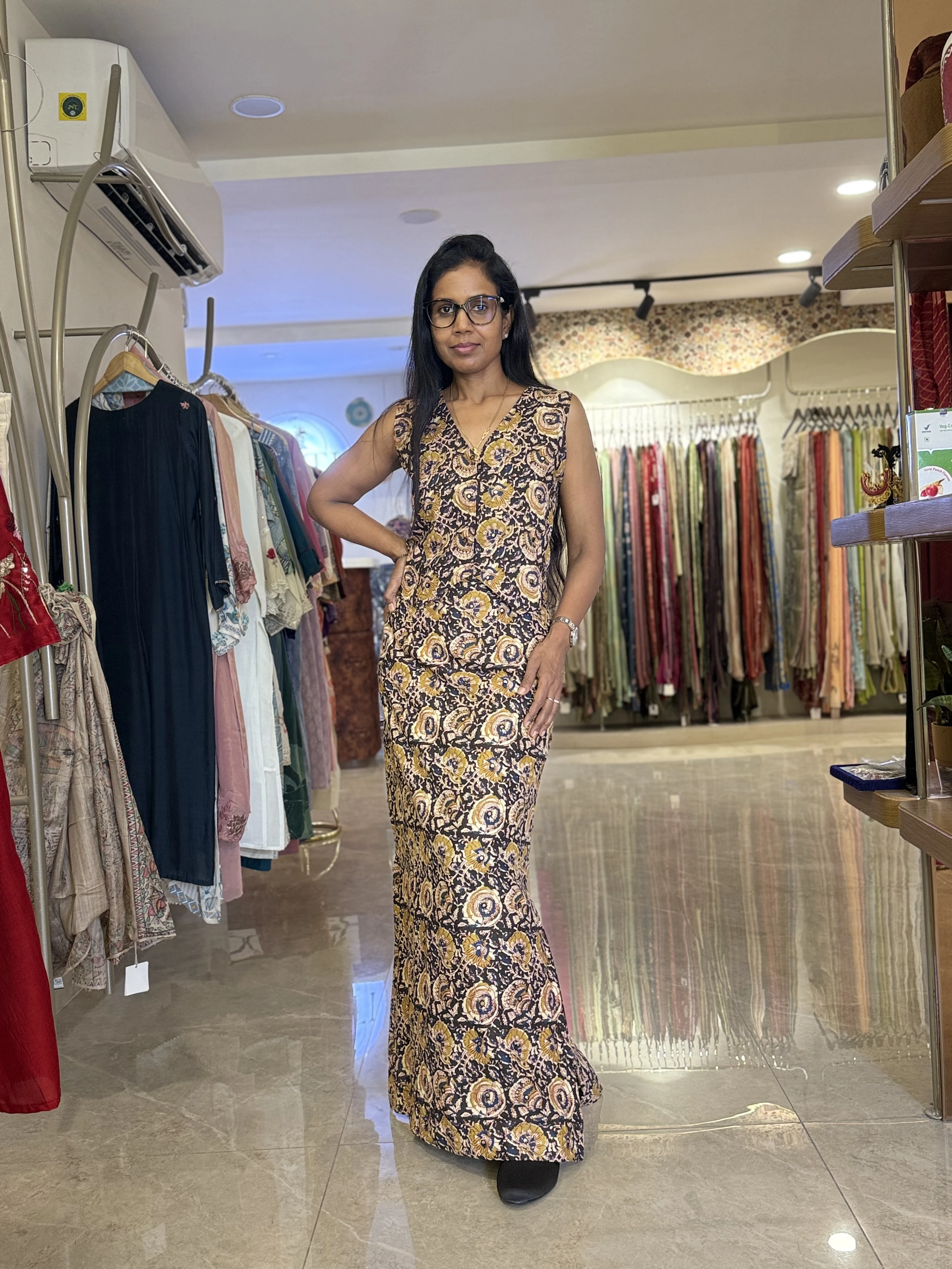 Ochre & Charcoal Printed Maxi Dress