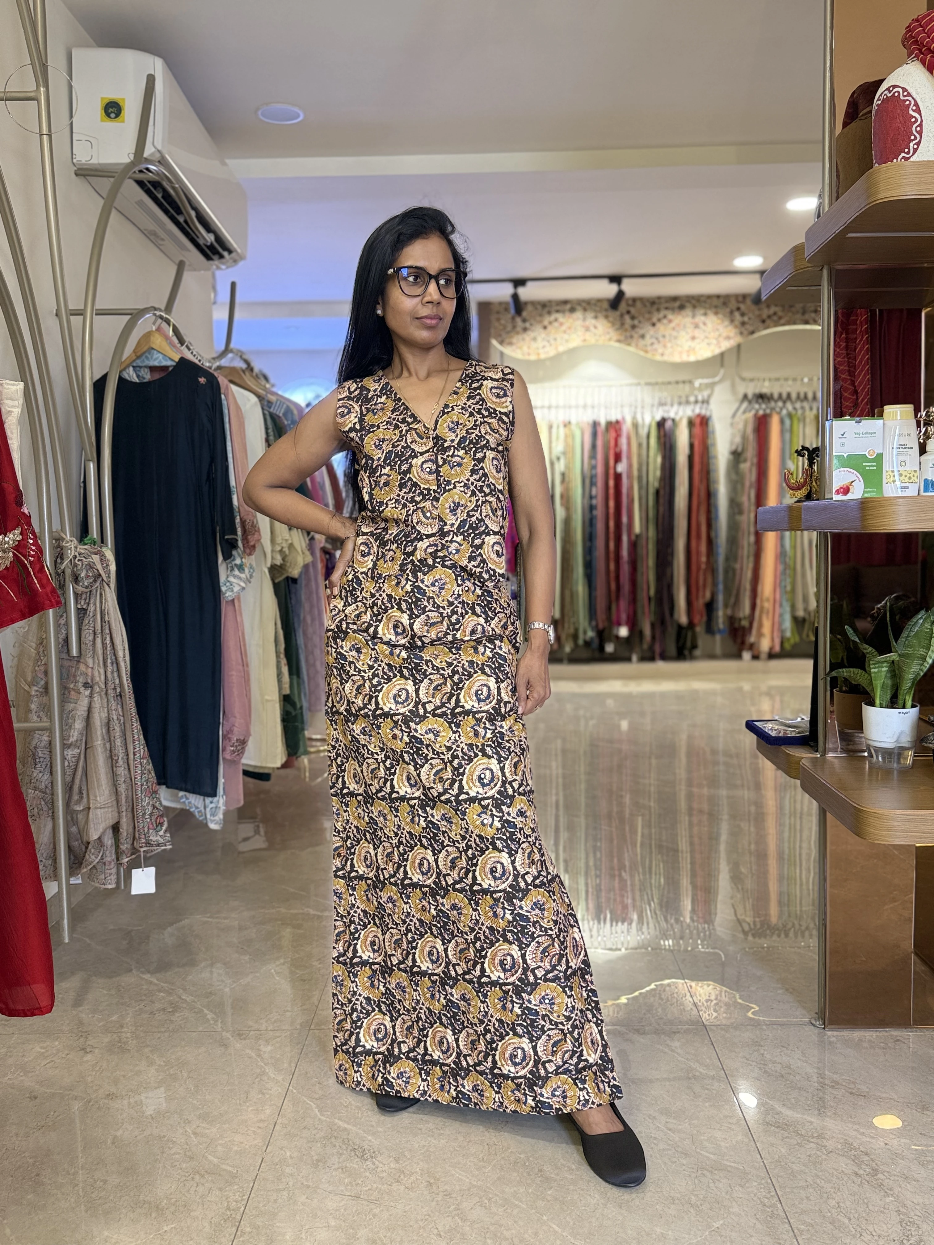 Ochre & Charcoal Printed Maxi Dress
