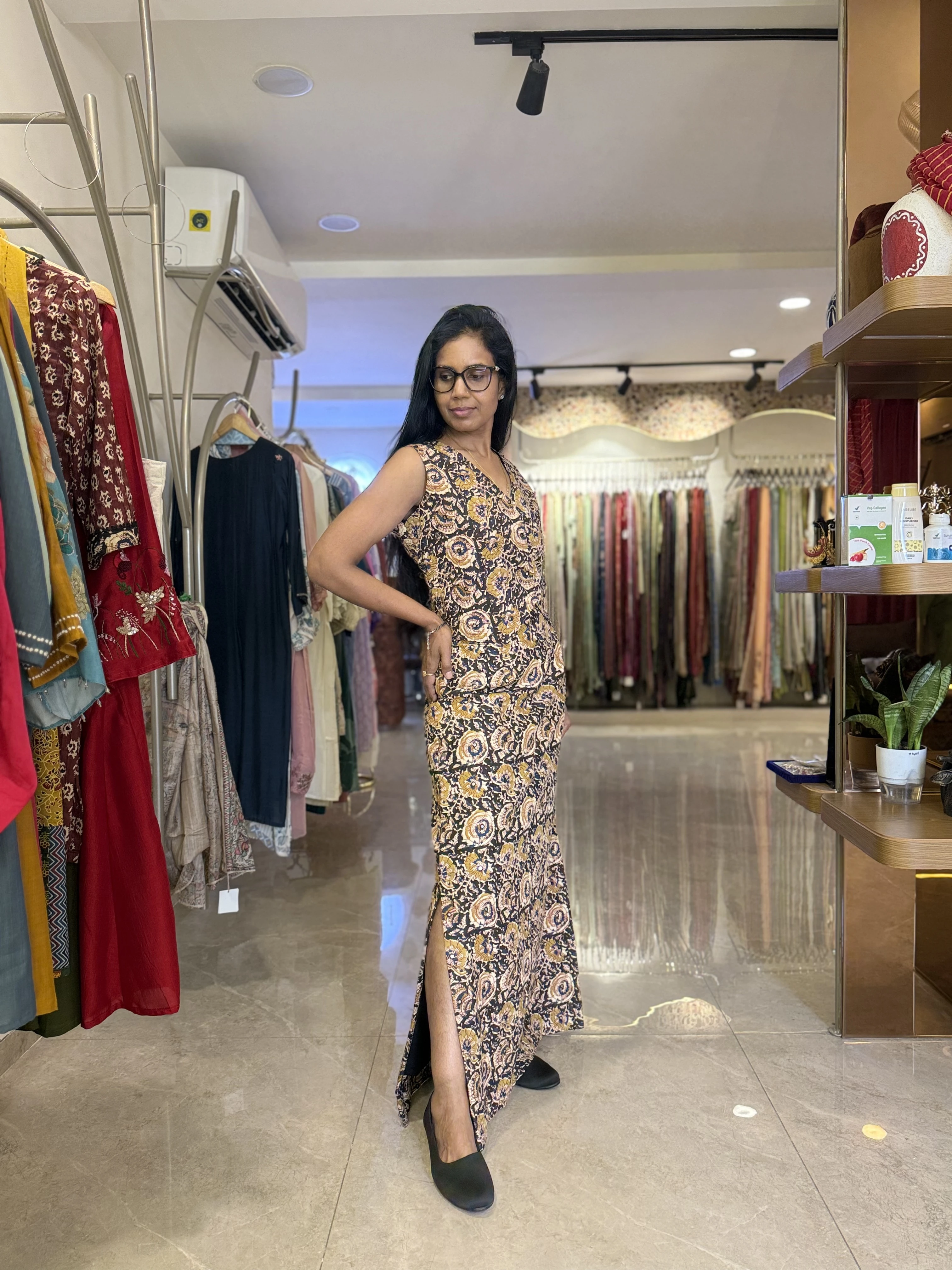 Ochre & Charcoal Printed Maxi Dress