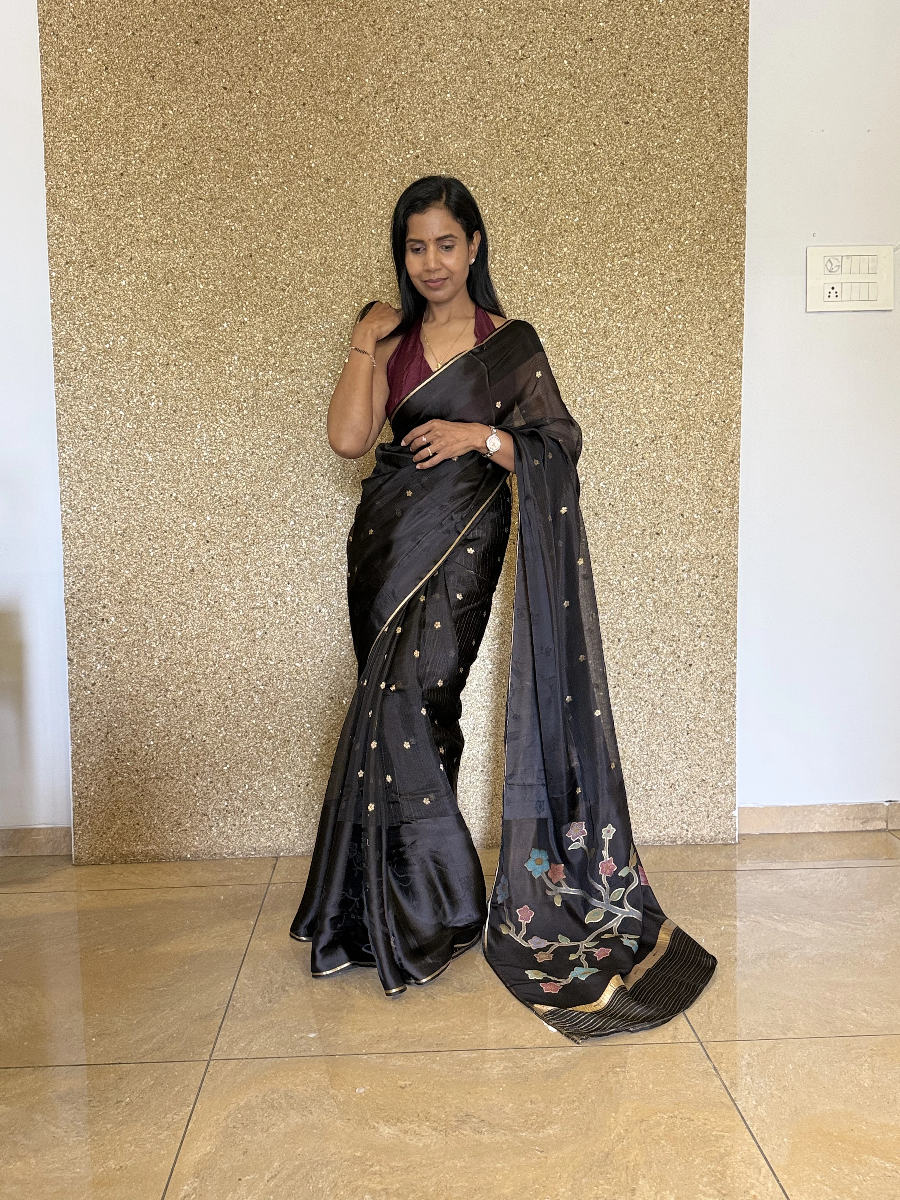 Midnight Black Hand-Painted Saree